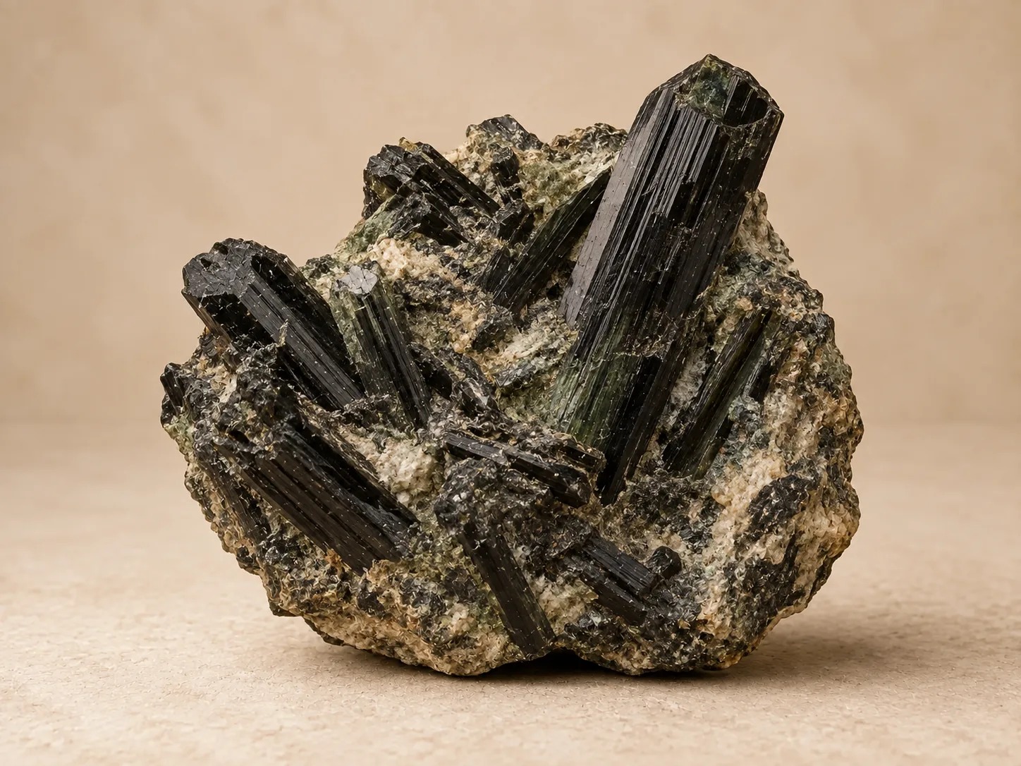 Volledig zichtbare ruwe aegirien met langgerekte zwartgroene prismatische kristallen