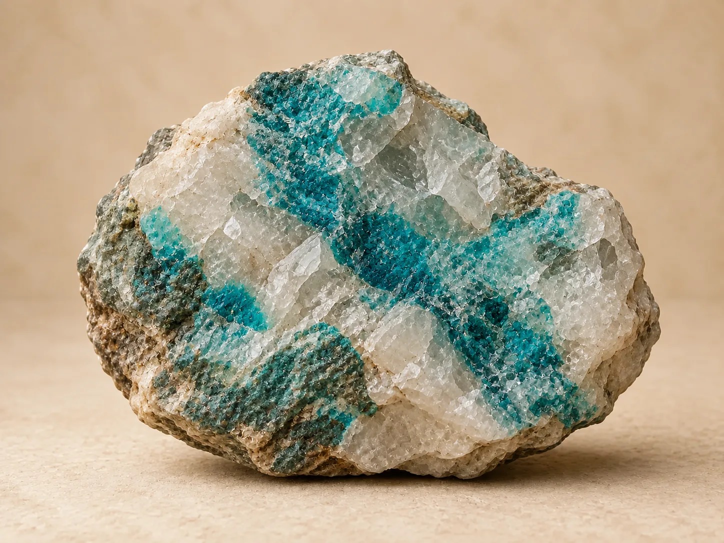 Volledig zichtbare ruwe ajoiet in kwarts met blauwgroene minerale insluitsels
