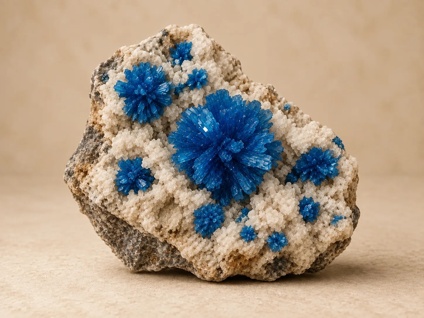 Volledig zichtbare ruwe cavansiet met helderblauwe radiale kristallen op lichte matrix