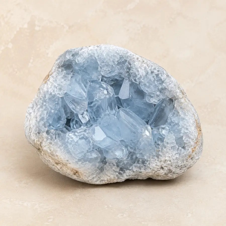 Lichtblauwe celestiengeode met doorschijnende kristalpunten