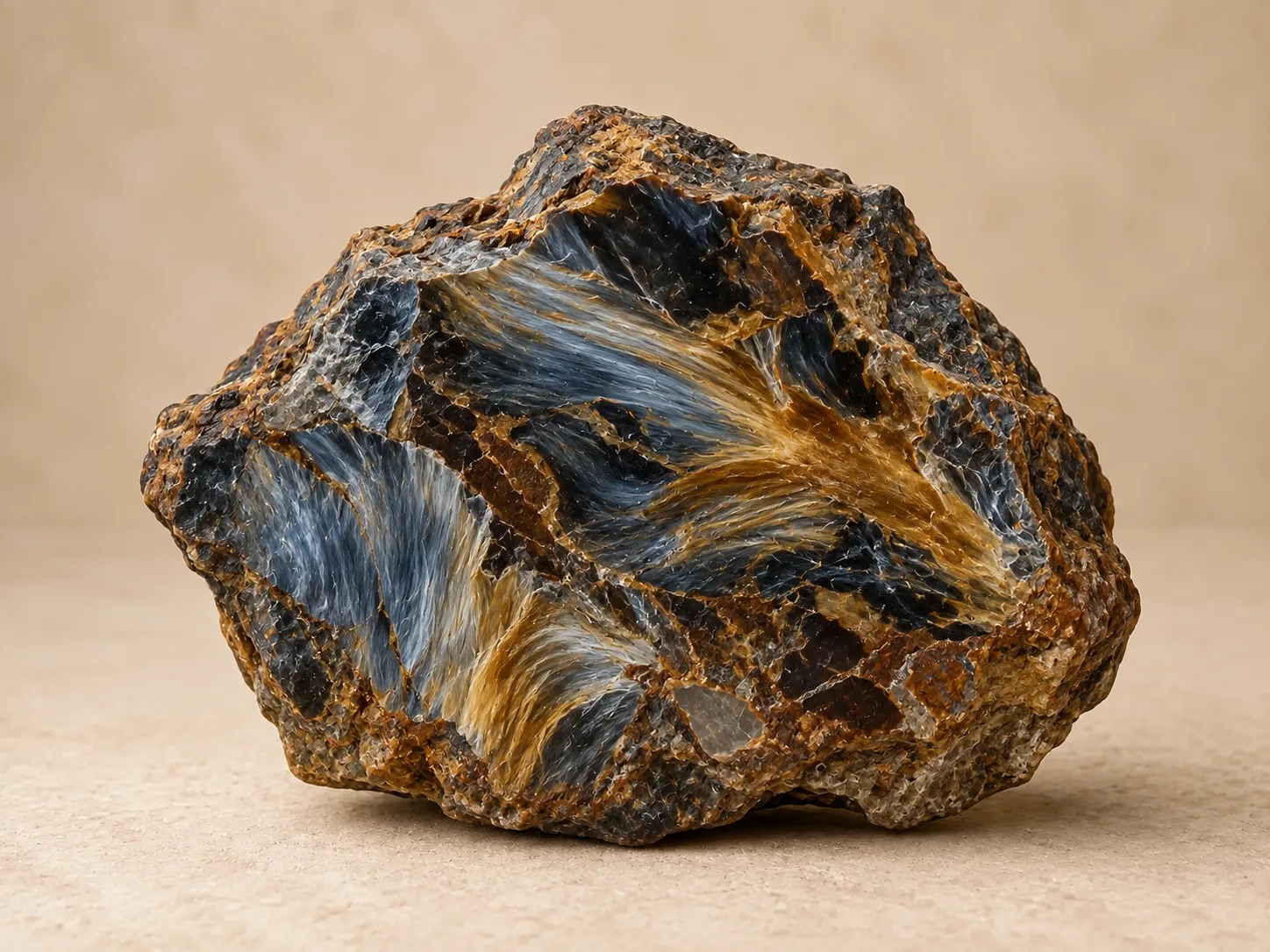 Volledig zichtbare ruwe pietersiet met stormachtige blauwgrijze en goudbruine vezelbanden