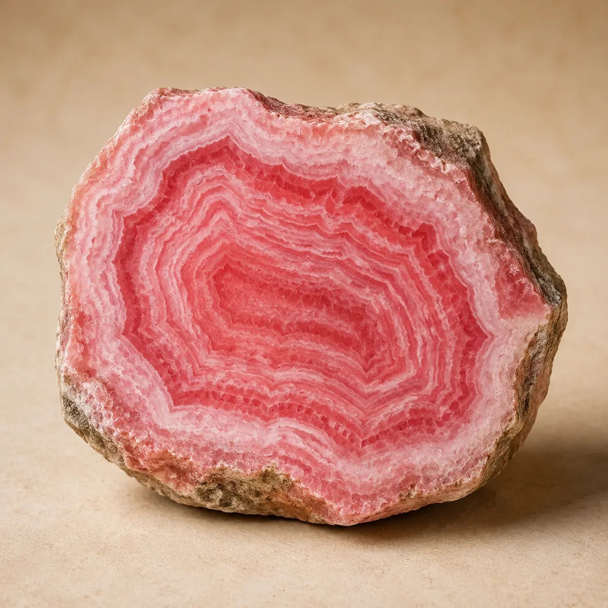 Roze rhodochrosiet met duidelijke witte concentrische banden