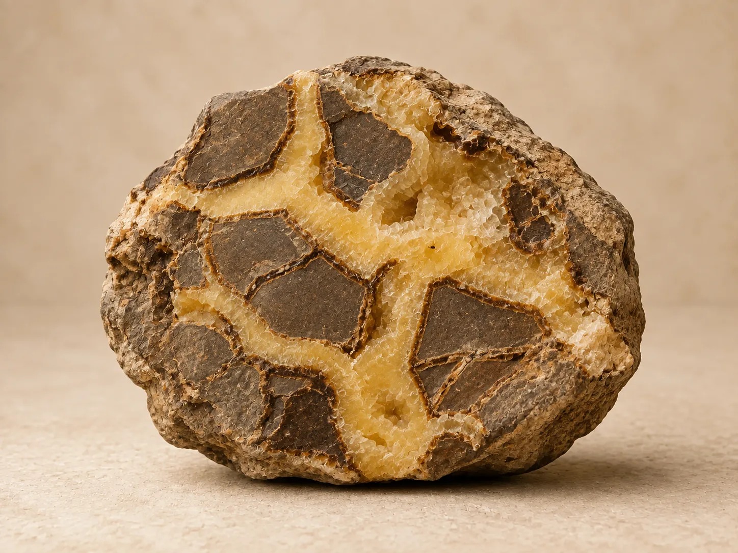 Volledig zichtbare ruwe septarie met natuurlijke gele calcietaders in bruine matrix