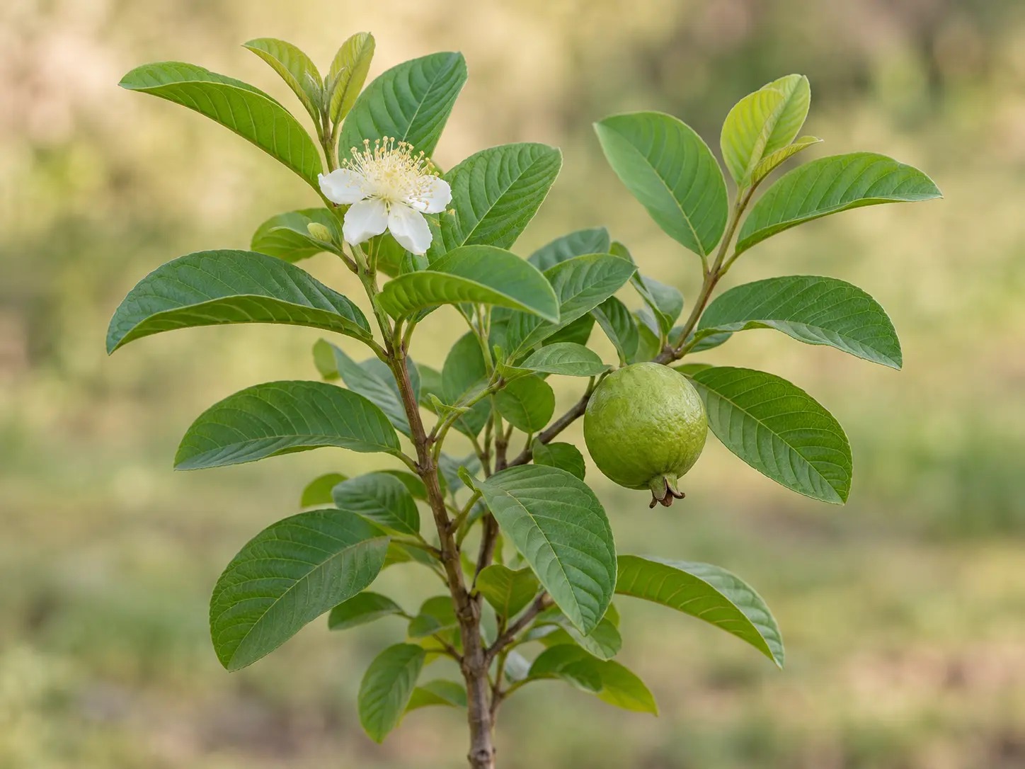 Guavetak met generfde bladeren, witte bloemen en een groene vrucht