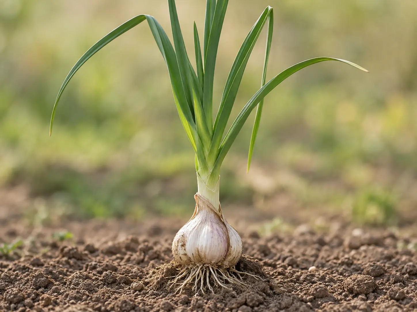 Knoflookplant met platte groene bladeren en een zichtbare bol