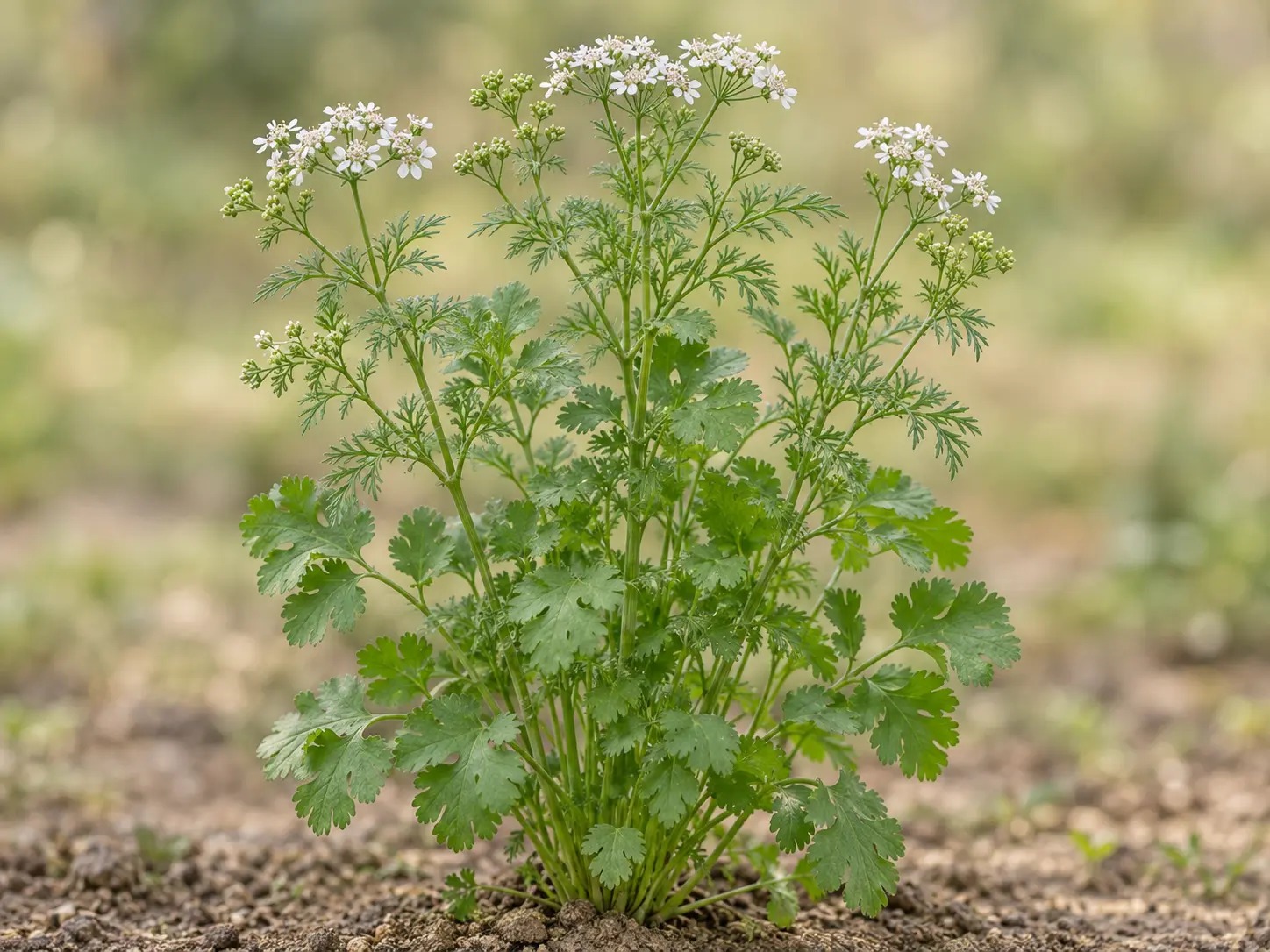 Bloeiende korianderplant met gelobde bladeren en witte bloemschermen