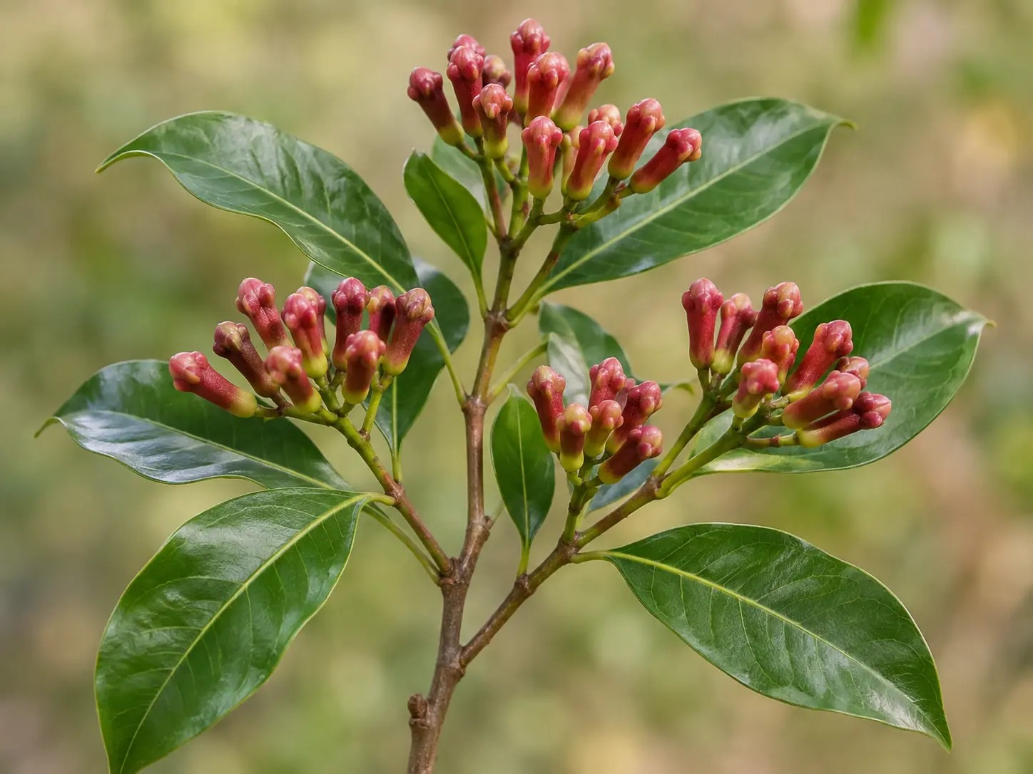 Kruidnageltak met glanzende bladeren en gesloten roodroze bloemknoppen