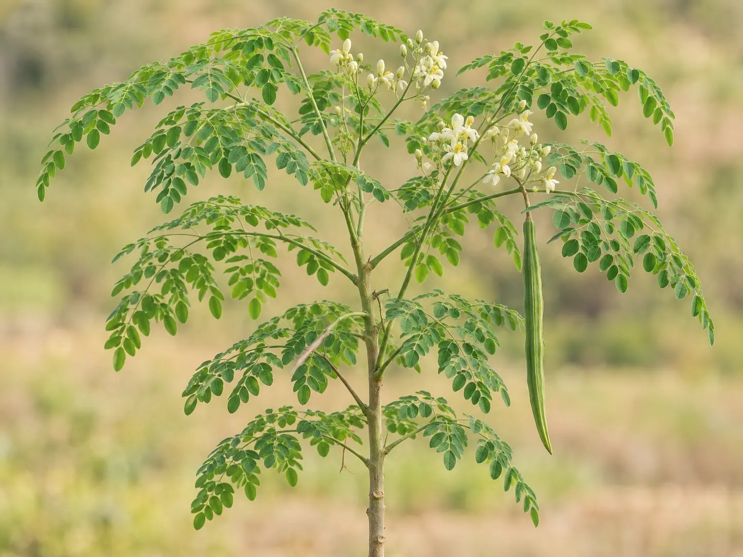 Jonge moringaboom met fijne bladeren, witte bloemen en een lange groene peul