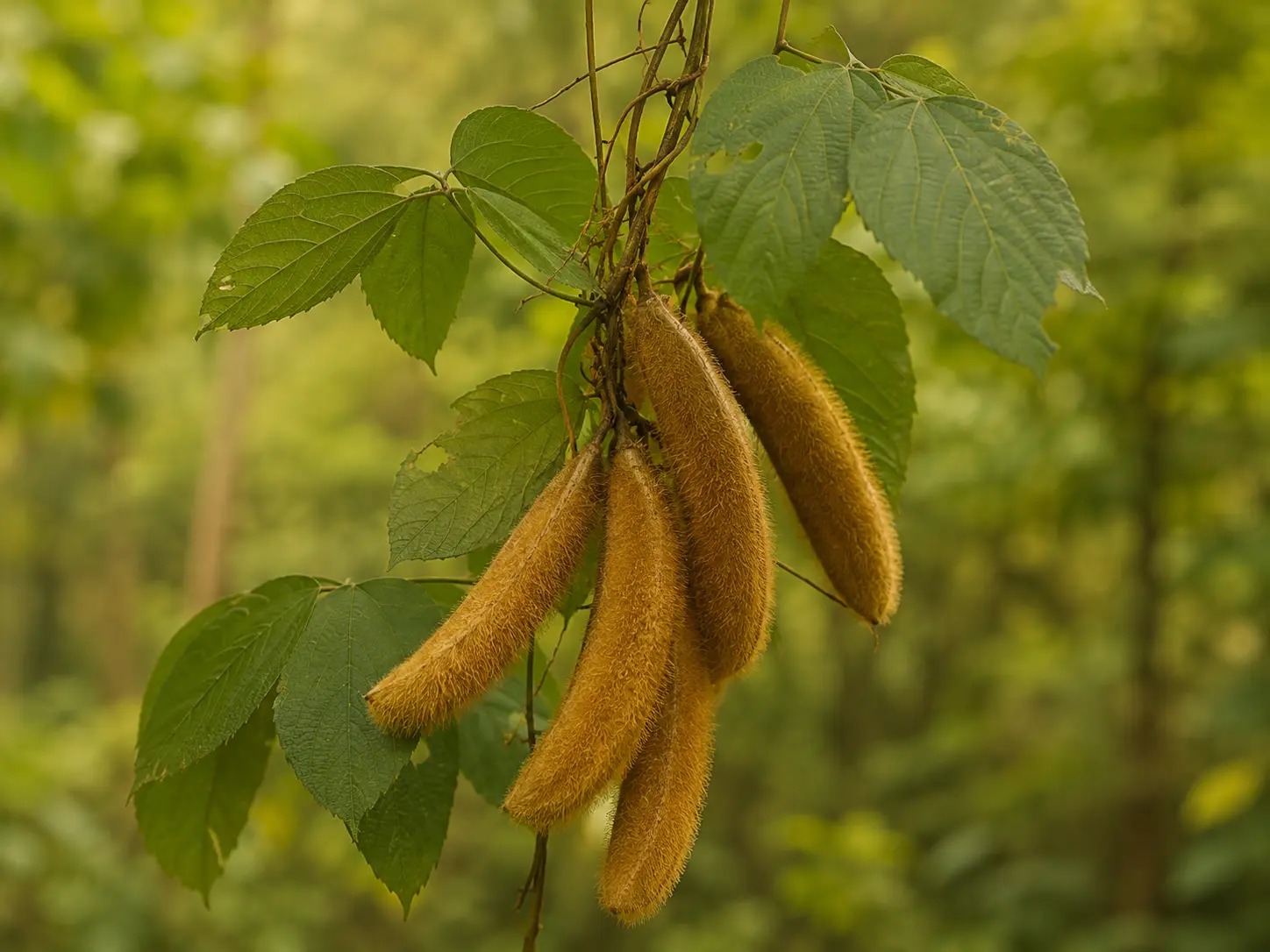 Mucuna sloanei met tropisch blad en peulen bedekt met irriterende haren