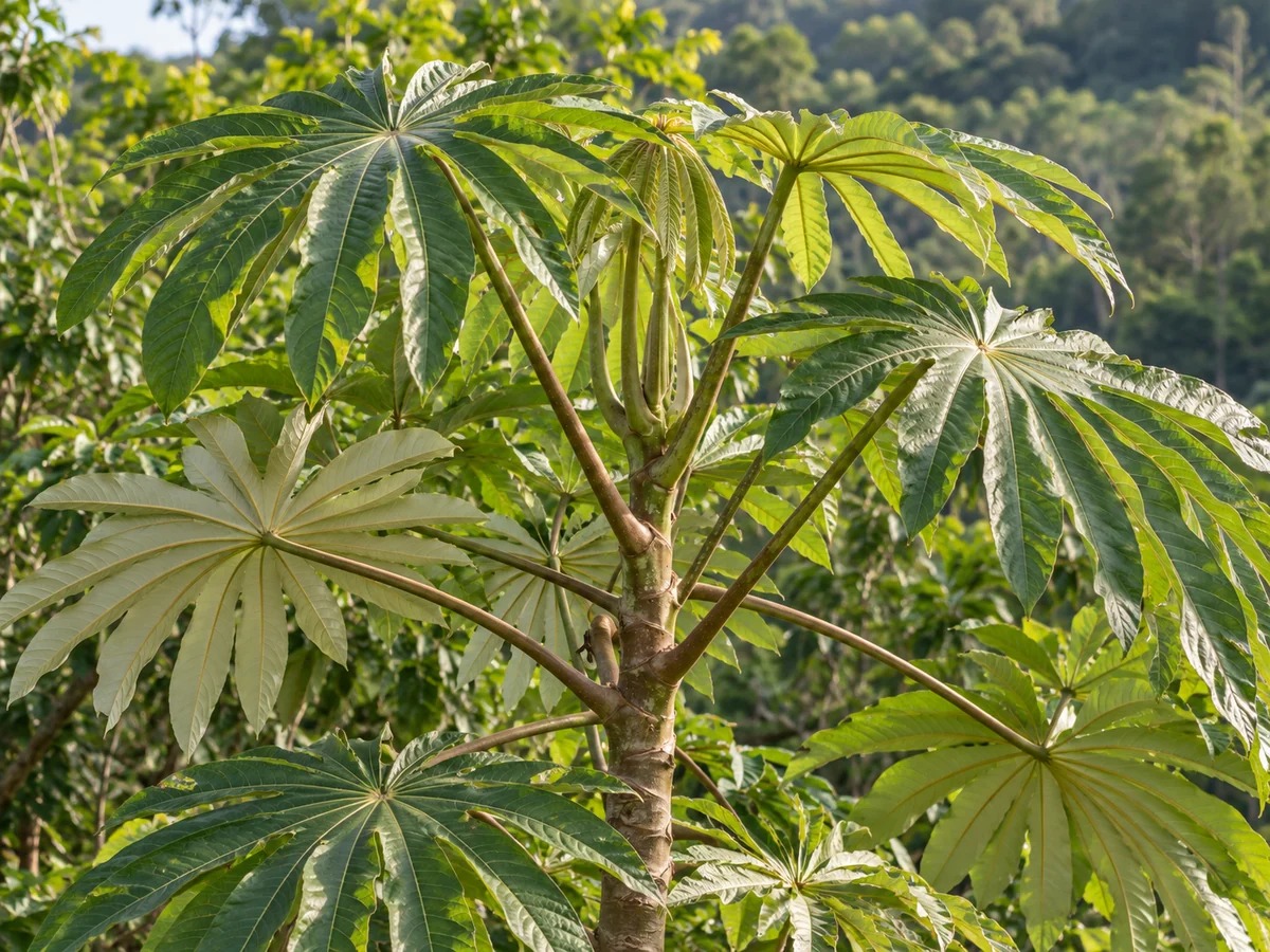 Gegenereerde botanische impressie van Bos papaja (Cecropia sciadophylla, een van de soorten die bos papaja worden genoemd)