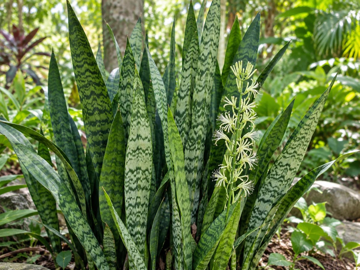 Gegenereerde botanische impressie van Krokodillentong (Dracaena trifasciata)