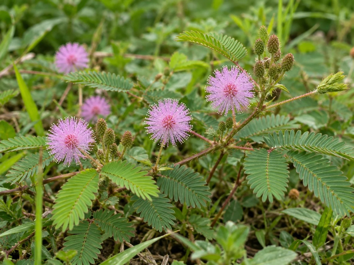 Gegenereerde botanische impressie van Kruidje-roer-me-niet (Mimosa pudica)