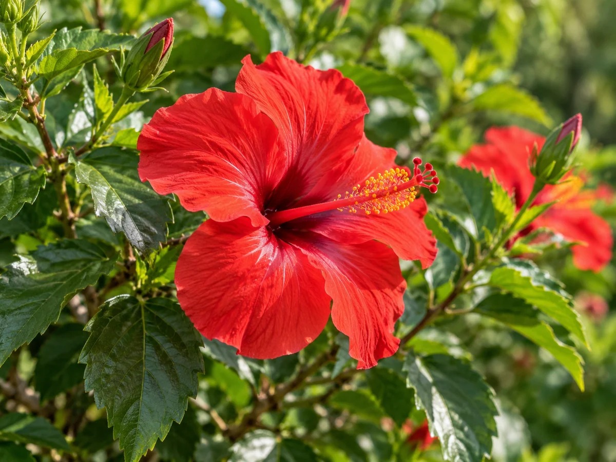 Gegenereerde botanische impressie van Matrozenroos (Hibiscus rosa-sinensis)