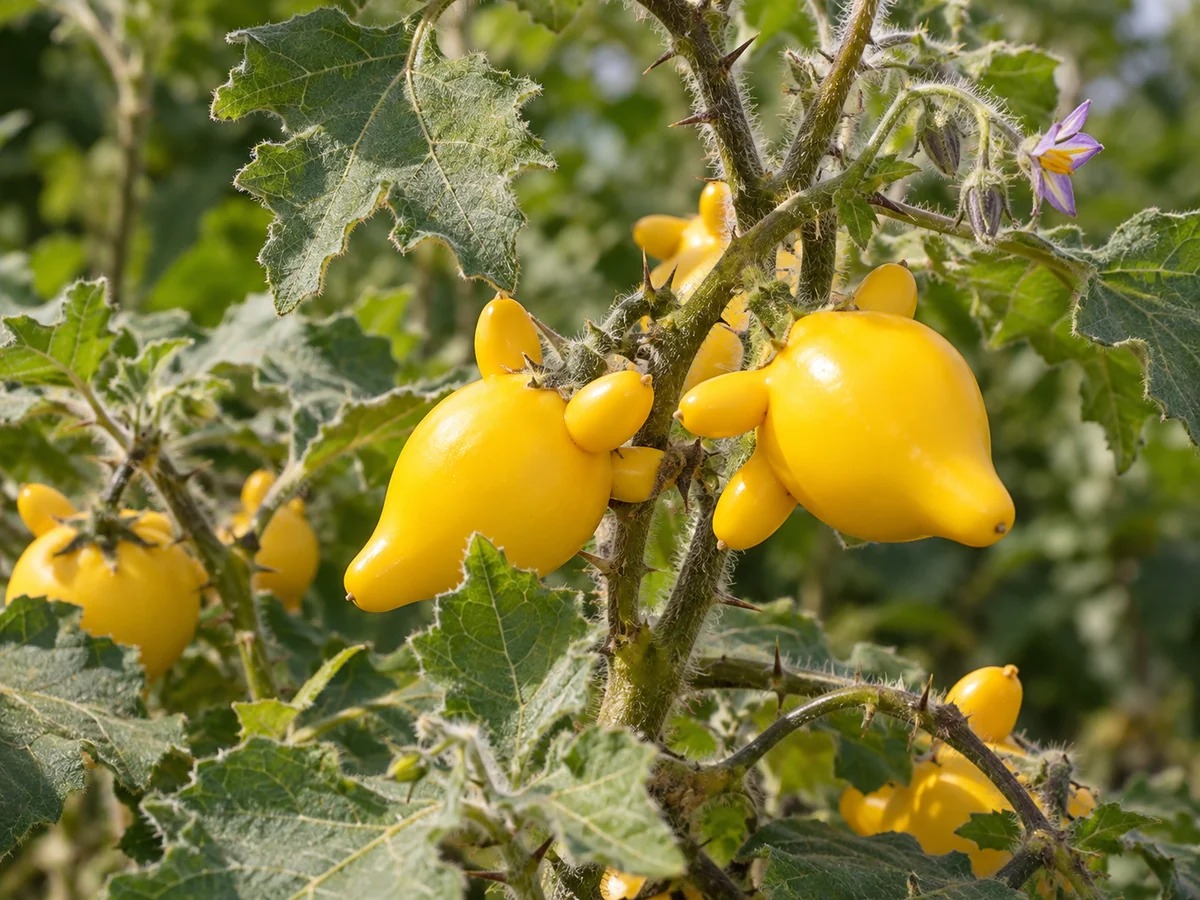 Gegenereerde botanische impressie van Njoenwenkebobi (Solanum mammosum)