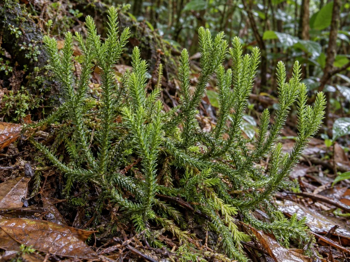 Realistische, gegenereerde foto van Pratilobi (Palhinhaea cernua)