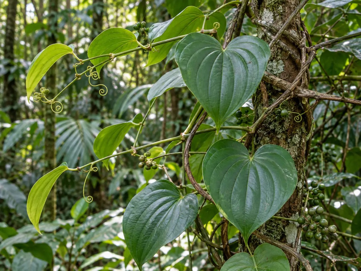 Realistische, gegenereerde foto van een Smilax-klimplant, een van de soorten die Sarsaparilla worden genoemd