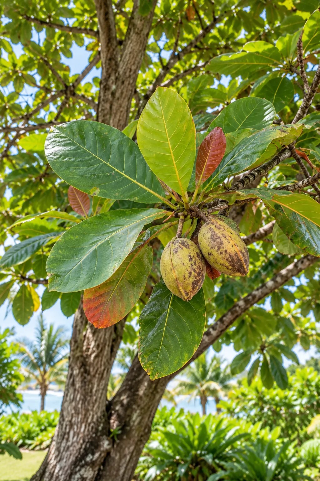 Realistische, gegenereerde foto van de tropische amandelboom (Terminalia catappa)