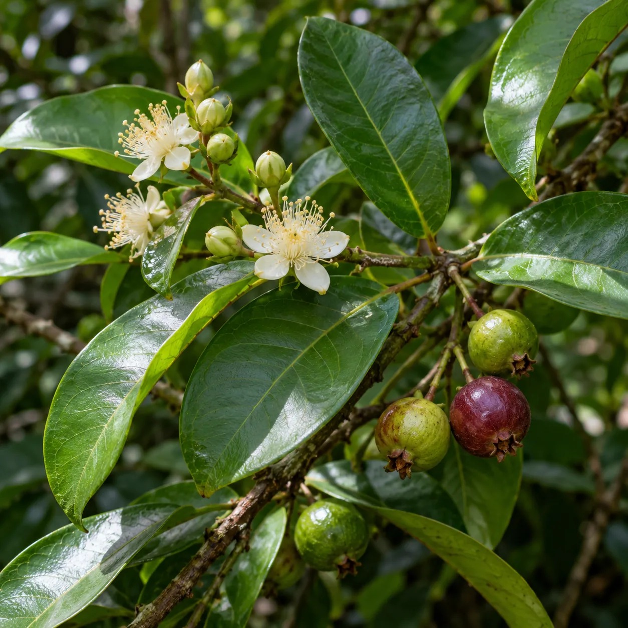 Botanische impressie van andoya met bladeren, bloemen en vruchten
