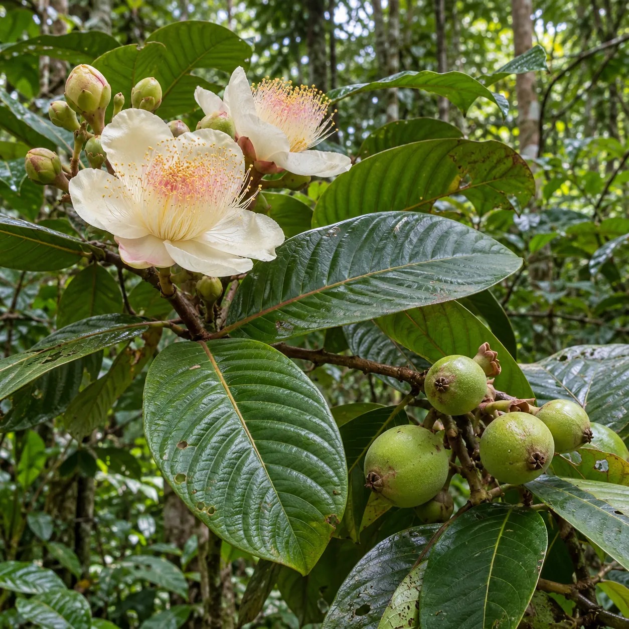 Botanische impressie van broko pipi met brede bladeren en vruchten
