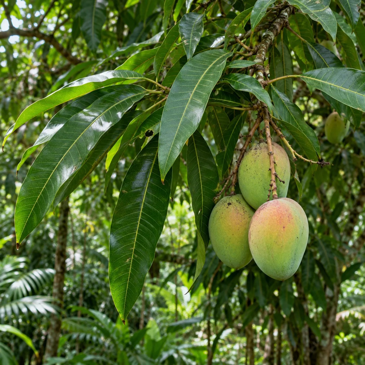 Botanische impressie van een mangoboomtak met langwerpige bladeren