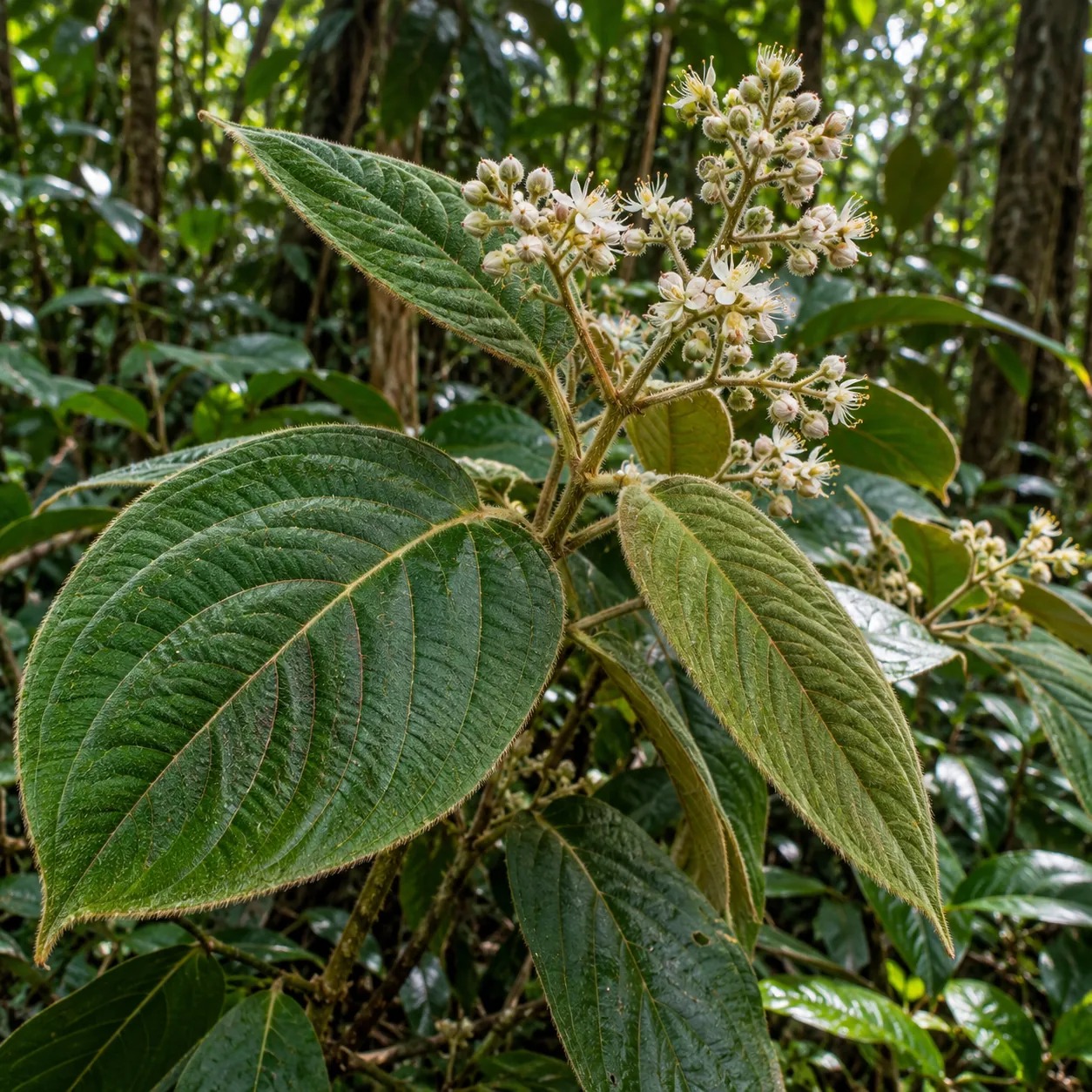 Botanische impressie van musude baasa met behaarde, geaderde bladeren