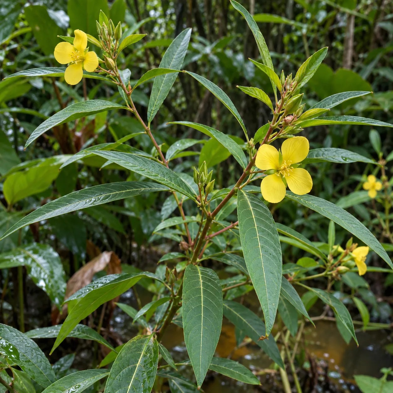 Botanische impressie van Paranamklem met bladeren en gele bloemen