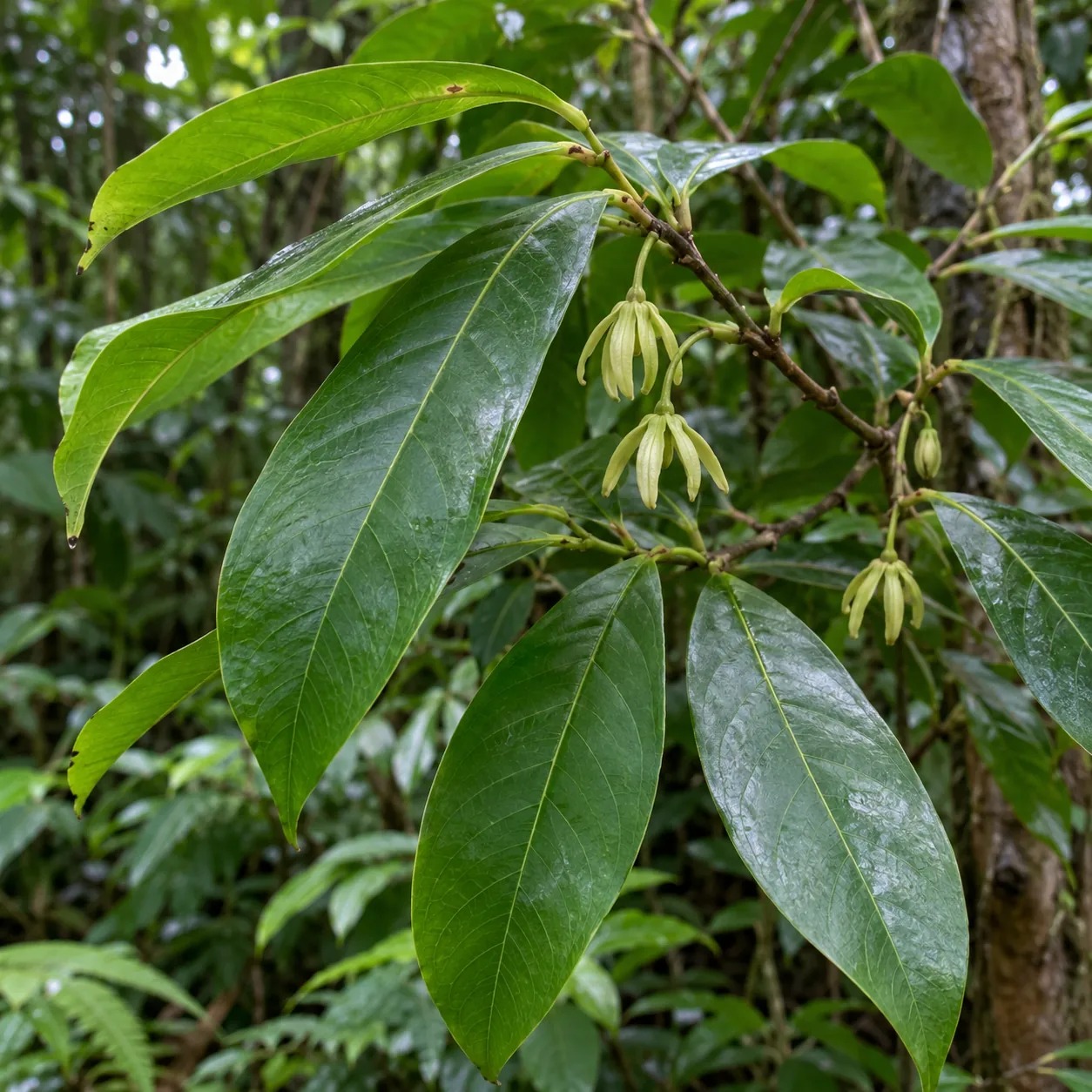 Botanische impressie van pêpê uwii als tropische struik met groene bladeren