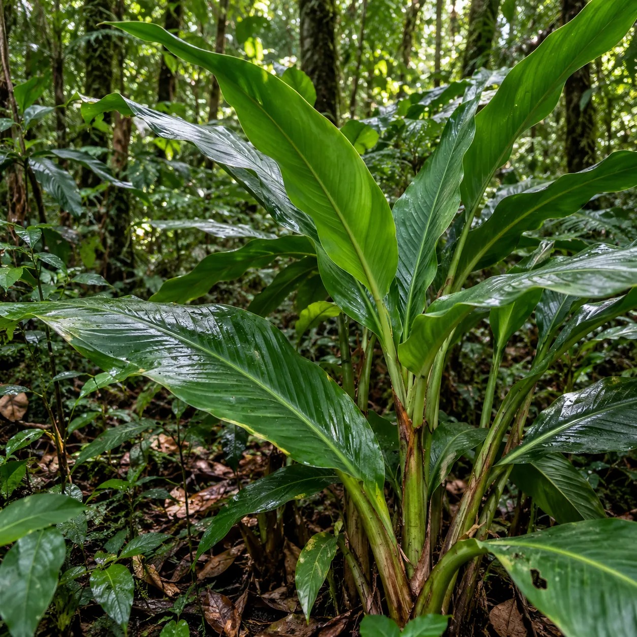 Botanische impressie van pikin masusa met brede bladeren van een gemberachtige plant