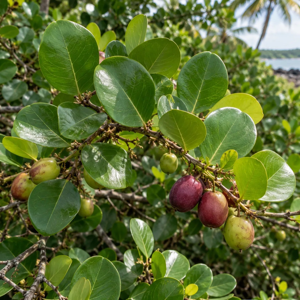 Botanische impressie van pruimenblad met rondachtige bladeren en vruchten