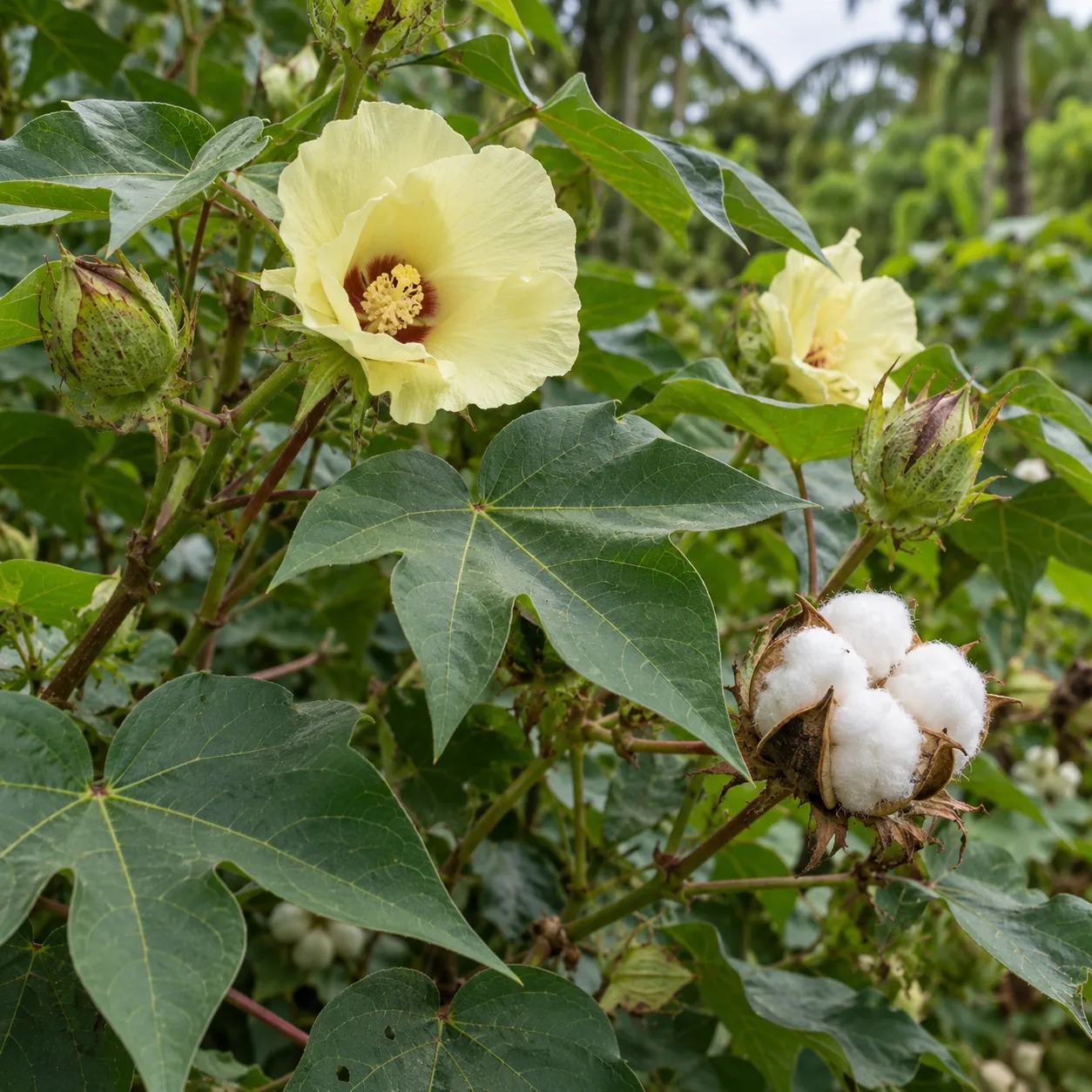 Botanische impressie van redi katun met gelobd blad en katoenbloem