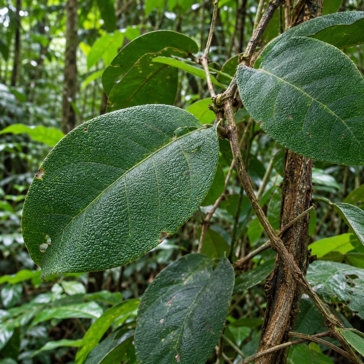 Botanische impressie van een Davilla-klimplant met ruwe bladeren