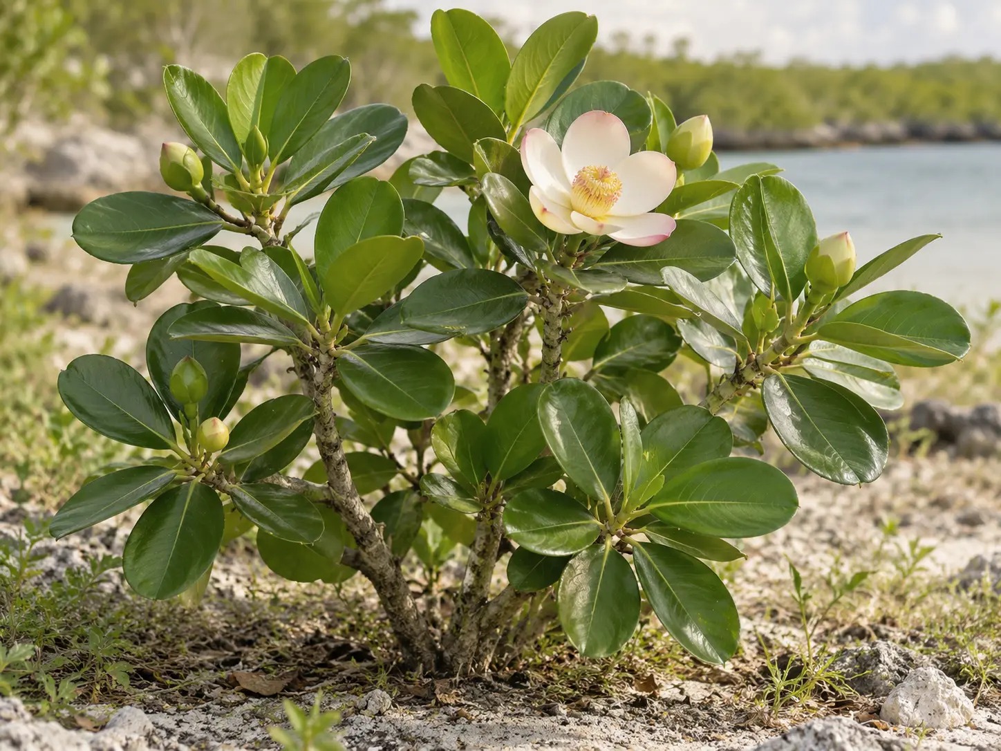 Tropische Clusia met dikke tegenoverstaande bladeren en een grote wit-roze bloem