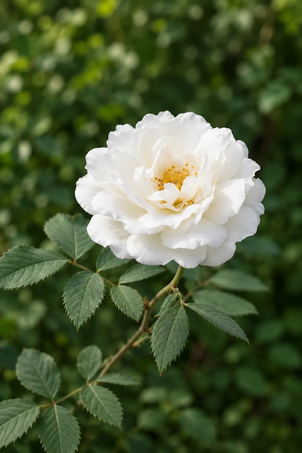 Volle crèmewitte bloem van Rosa alba met grijsgroene rozenbladeren in zacht daglicht