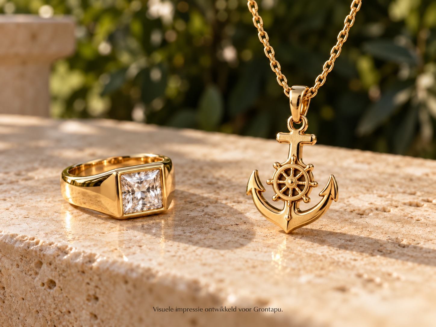 Gouden ring met vierkante witte steen en gouden anker met geïntegreerd stuurwiel